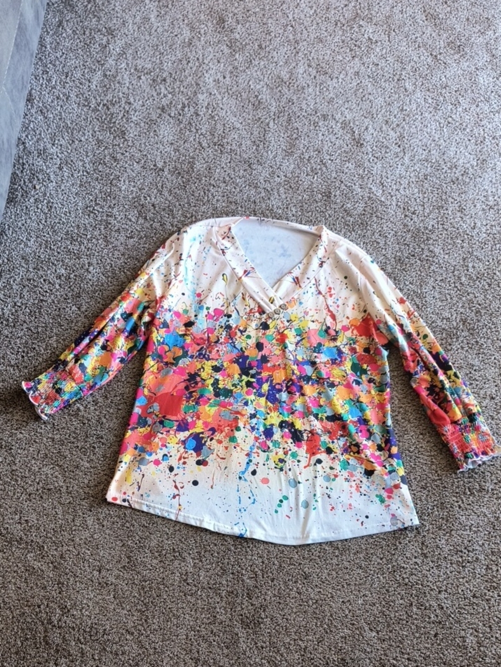 Paint-Splash V-Neck Blouse in Cream with Multicolor Print